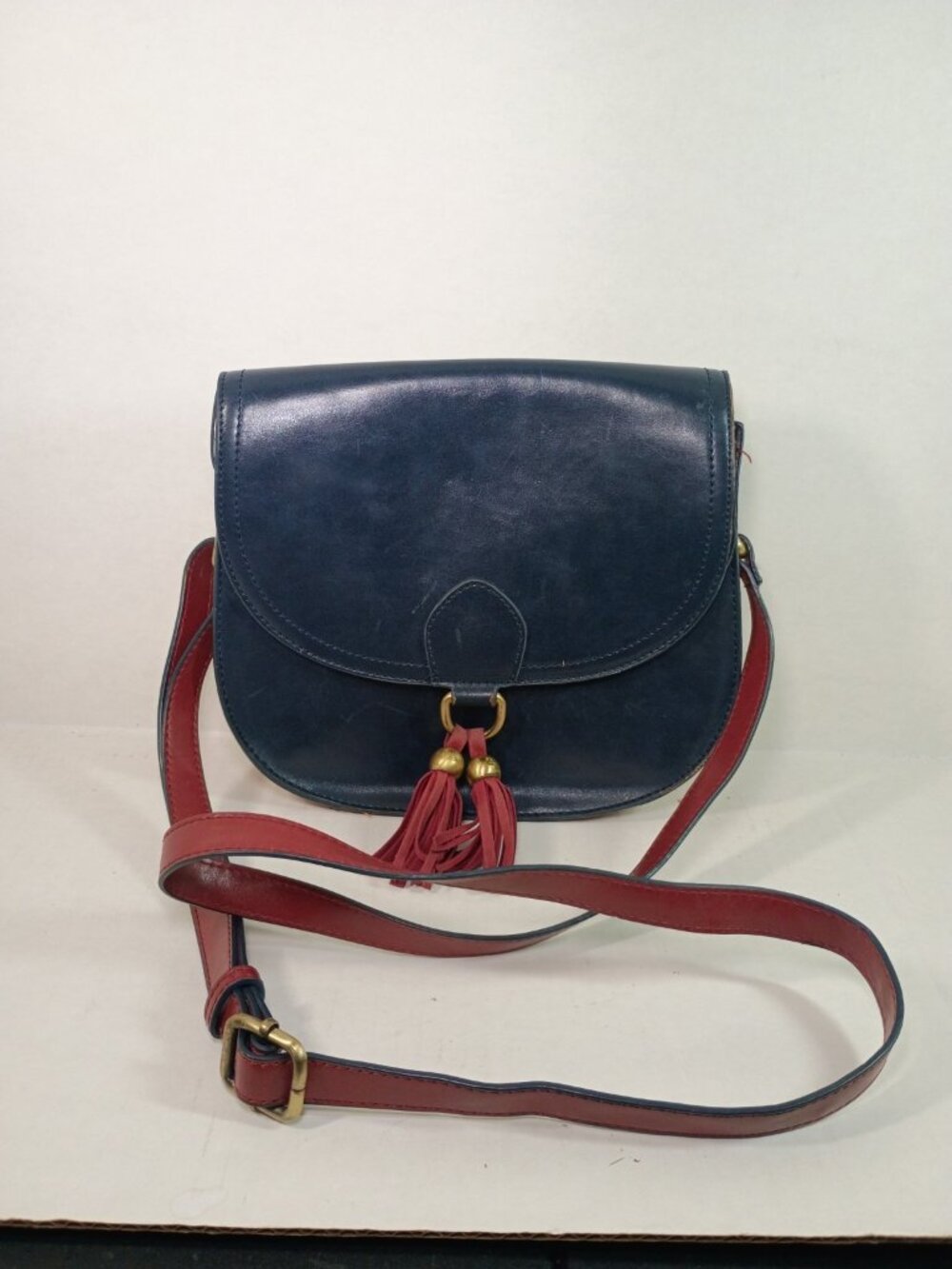 ECOSUSI Navy Blue and Deep Red Vegan Leather Saddle Crossbody Bag With Fringe